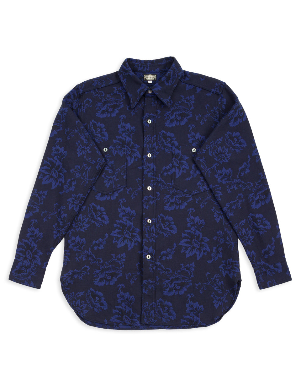 Black Sign Flower Jacquard Heavy Weight Open Pocket Work Shirt - Moon Light Blue - Standard & Strange