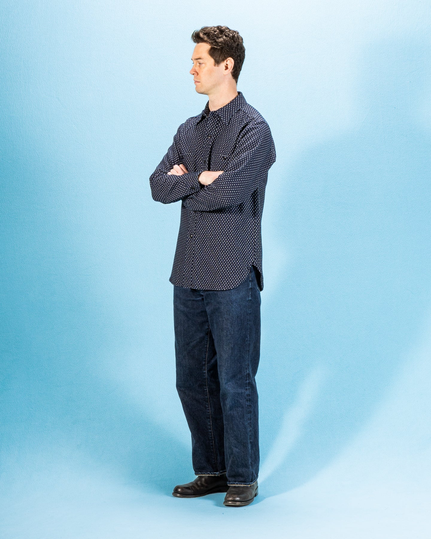 Black Sign Jacquard Cross Open Pocket Work Shirt - Dark Indigo - Standard & Strange