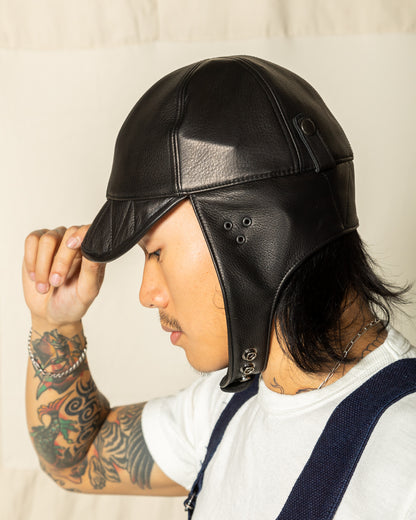 Black Sign Leather Aviator Cap - Mud Black - Standard & Strange
