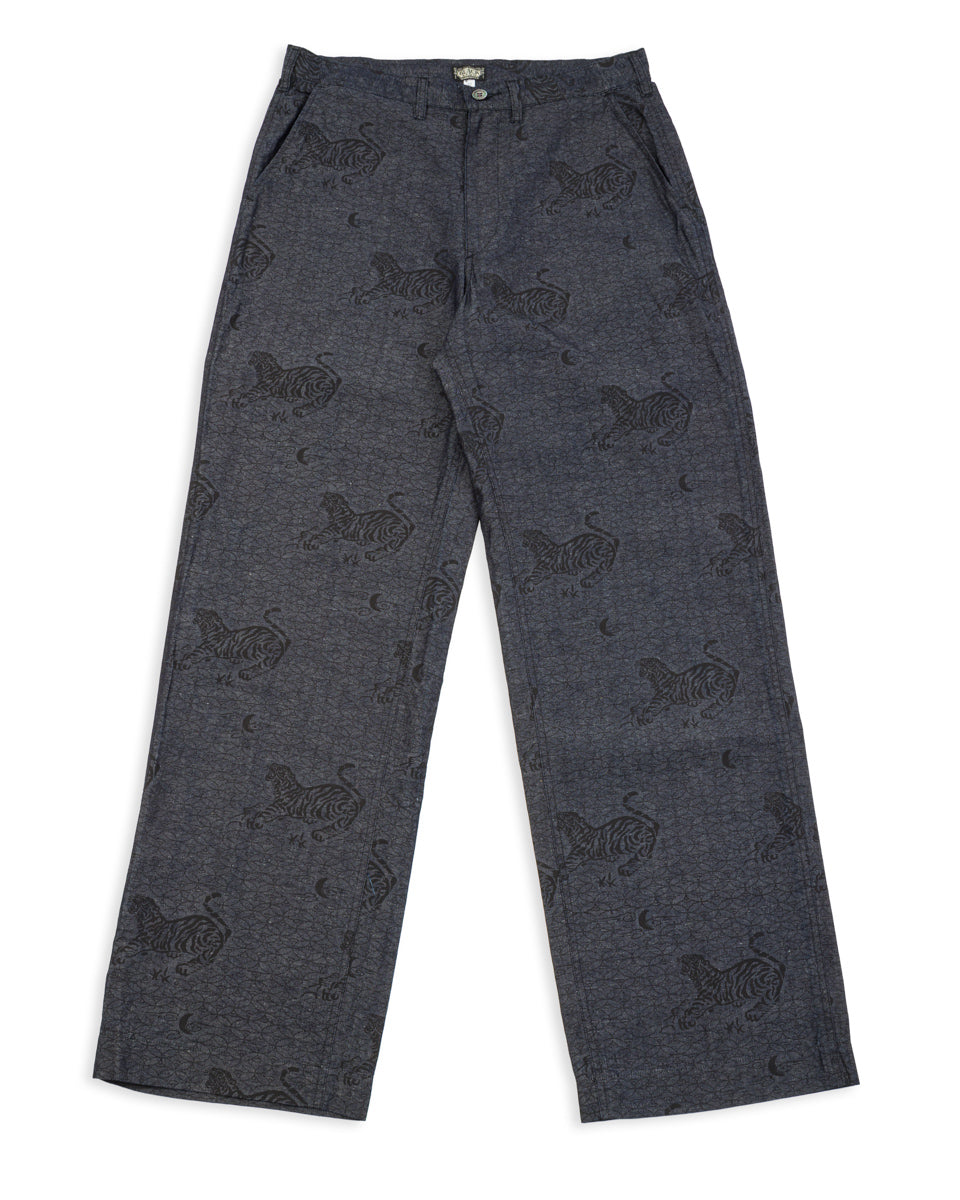 Black Sign Tiger & Crescent Moon Adjustable Waist Trousers - Deep Indigo - Standard & Strange