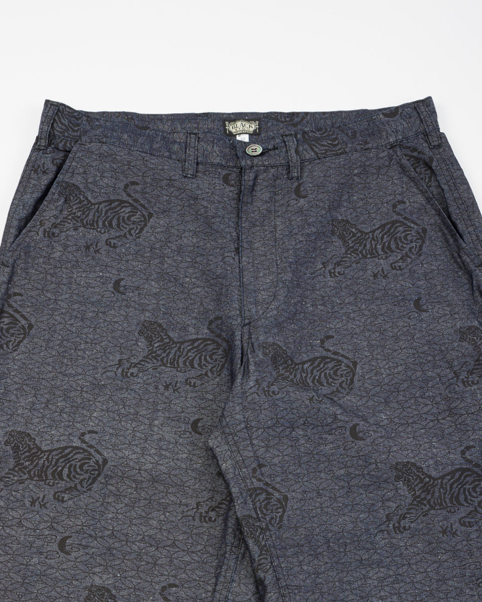 Black Sign Tiger & Crescent Moon Adjustable Waist Trousers - Deep Indigo - Standard & Strange