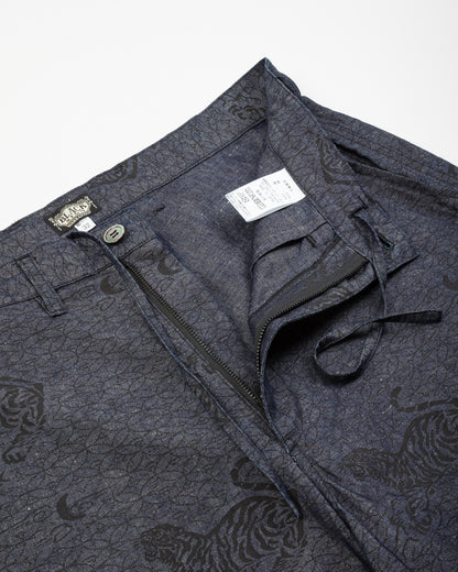 Black Sign Tiger & Crescent Moon Adjustable Waist Trousers - Deep Indigo - Standard & Strange
