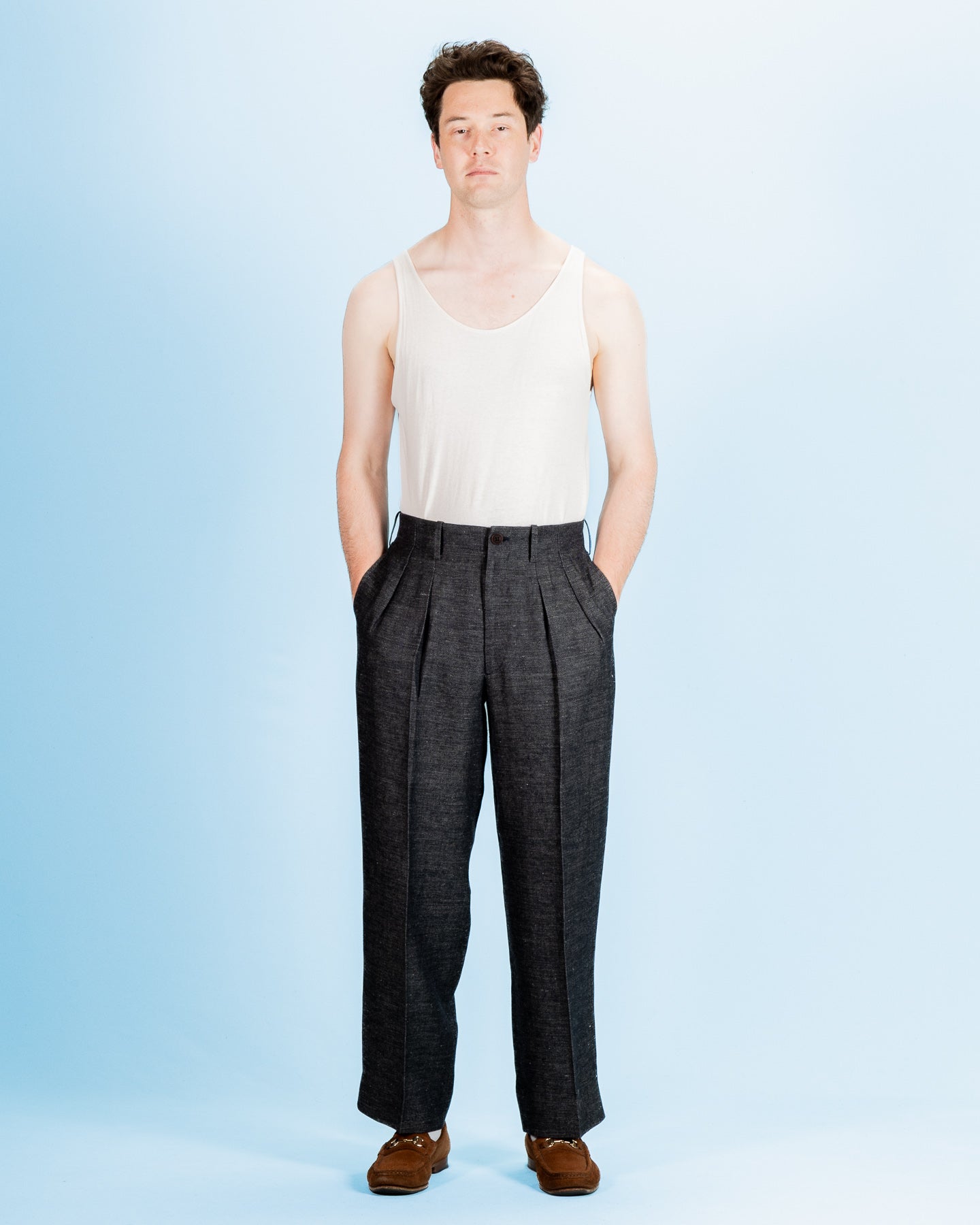 Gorsch Linen 2 Tuck Trousers - Navy/Grey - Standard & Strange