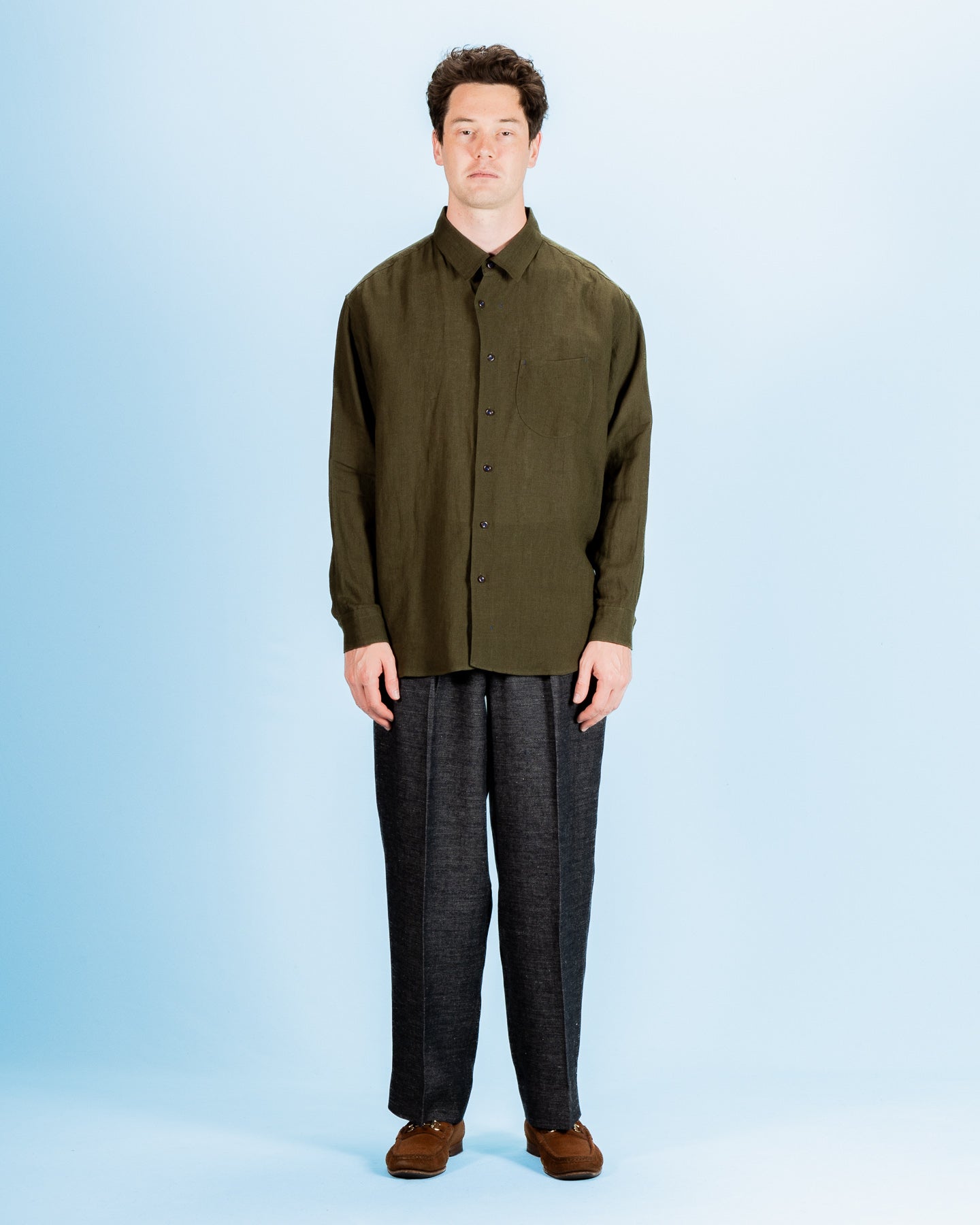 Gorsch Wide Silhouette Collar Shirt - Khaki Green French Linen - Standard & Strange