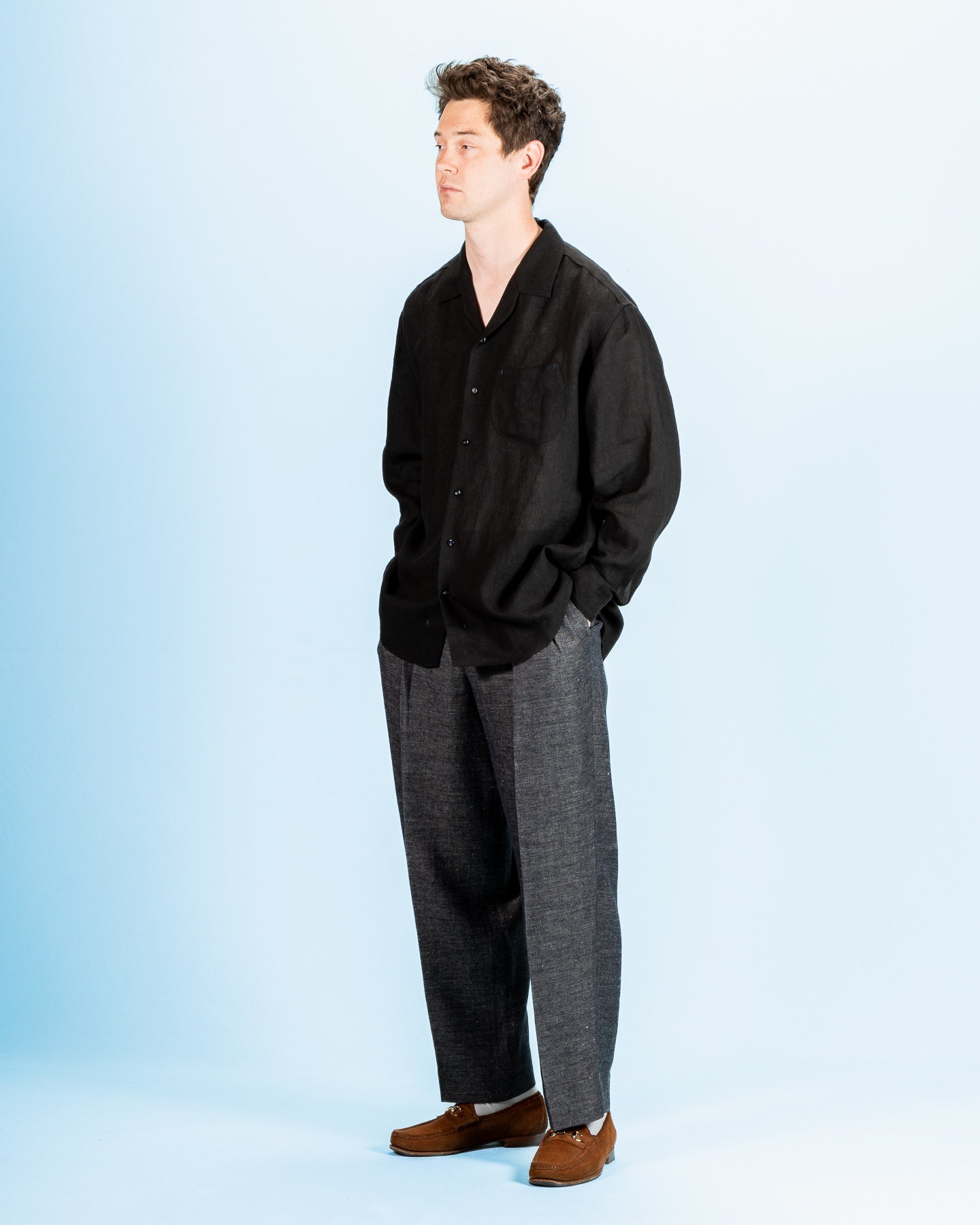 Gorsch Wide Silhouette Open Collar Shirt - Black French Linen - Standard & Strange