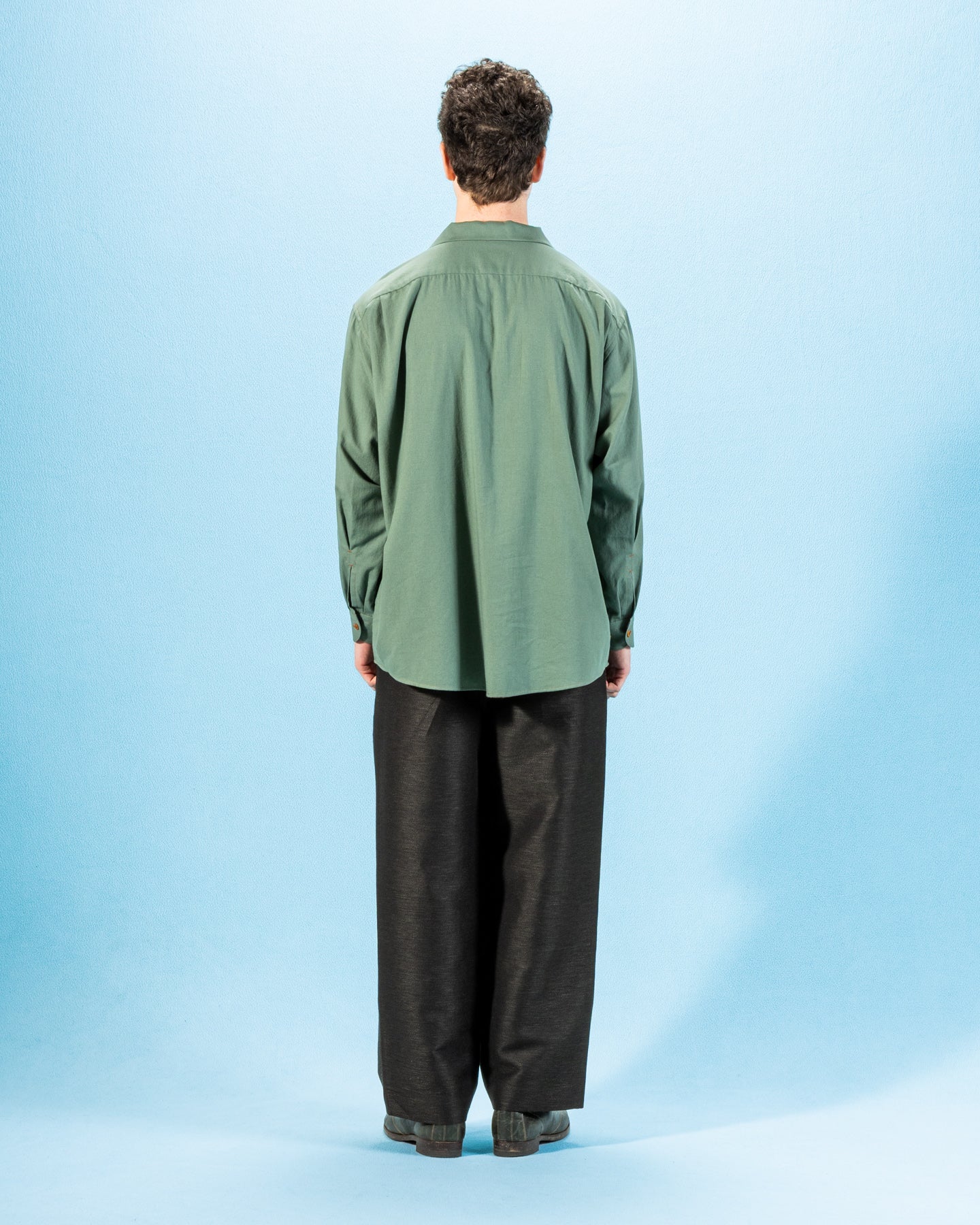Gorsch Wide Silhouette Open Collar Shirt - Green Cotton Wool - Standard & Strange