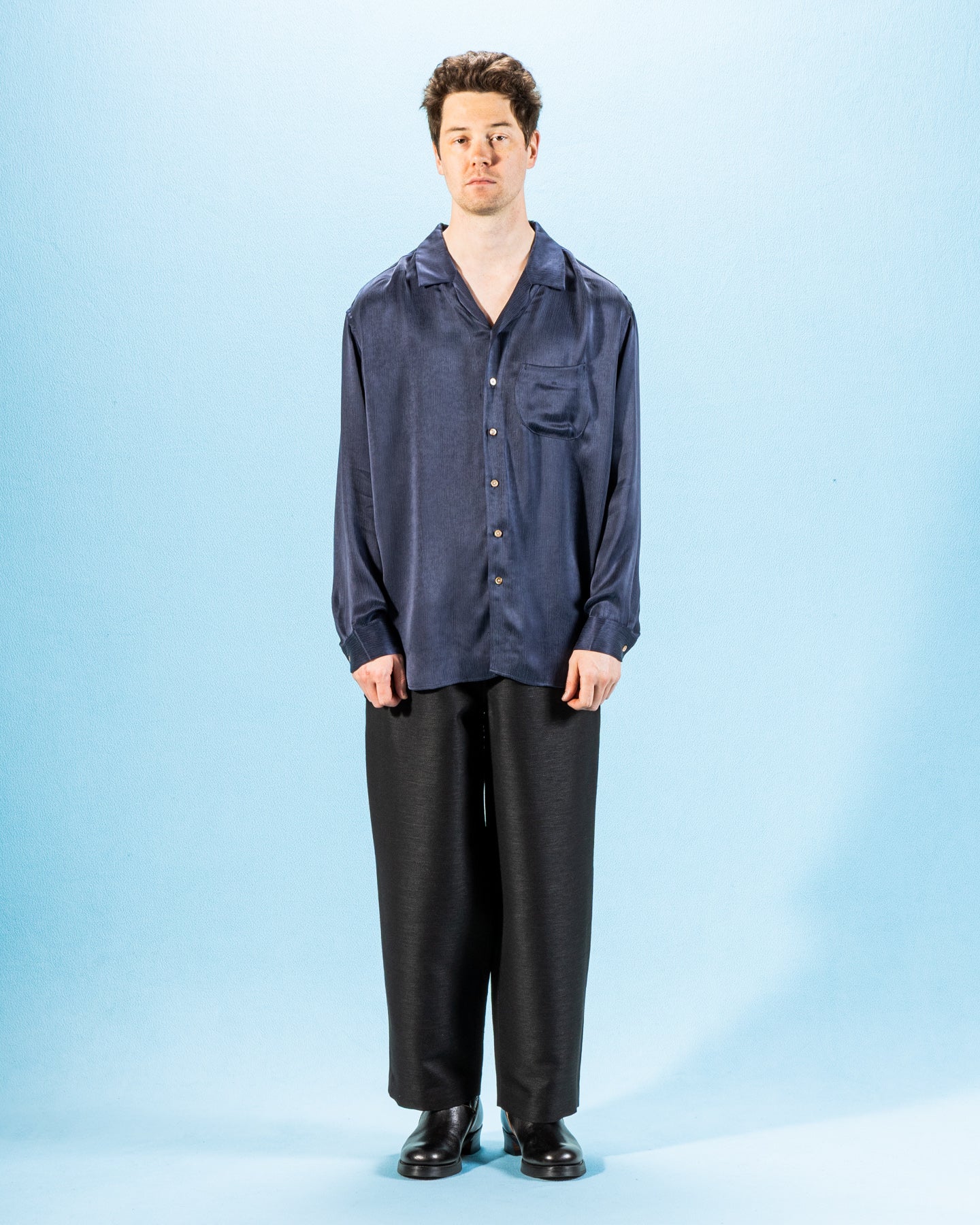 Gorsch Wide Silhouette Open Collar Shirt - Navy Satin Crinkle Cupra - Standard & Strange