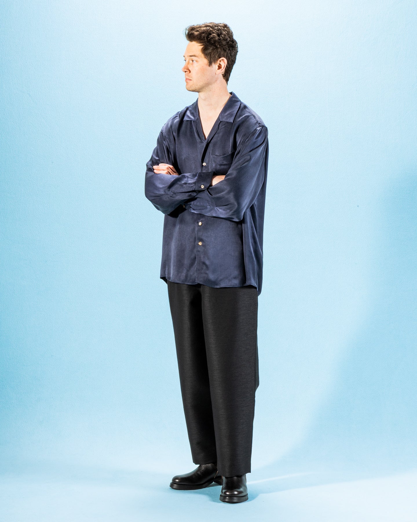 Wide Silhouette Open Collar Shirt - Navy Satin Crinkle Cupra