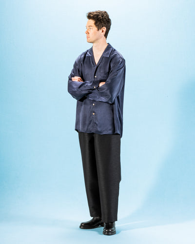 Gorsch Wide Silhouette Open Collar Shirt - Navy Satin Crinkle Cupra - Standard & Strange