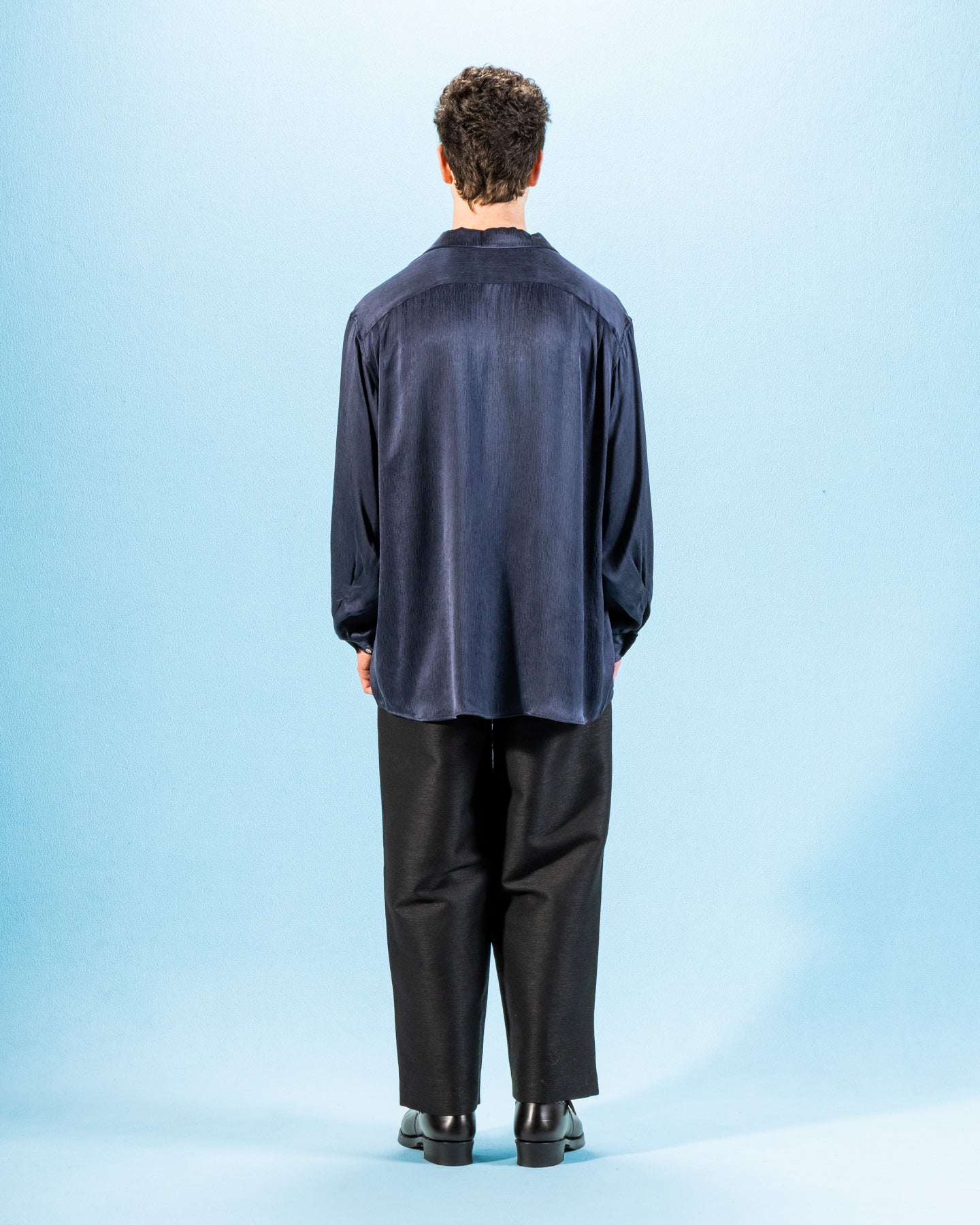 Wide Silhouette Open Collar Shirt - Navy Satin Crinkle Cupra