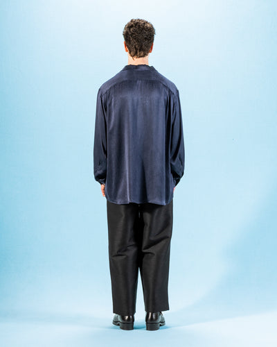 Gorsch Wide Silhouette Open Collar Shirt - Navy Satin Crinkle Cupra - Standard & Strange