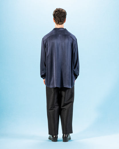 Gorsch Wide Silhouette Open Collar Shirt - Navy Satin Crinkle Cupra - Standard & Strange