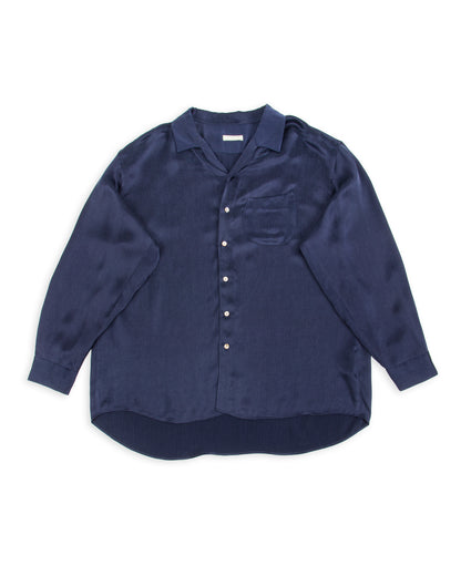 Gorsch Wide Silhouette Open Collar Shirt - Navy Satin Crinkle Cupra - Standard & Strange