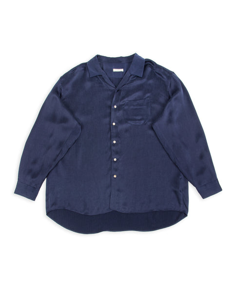 Wide Silhouette Open Collar Shirt - Navy Satin Crinkle Cupra