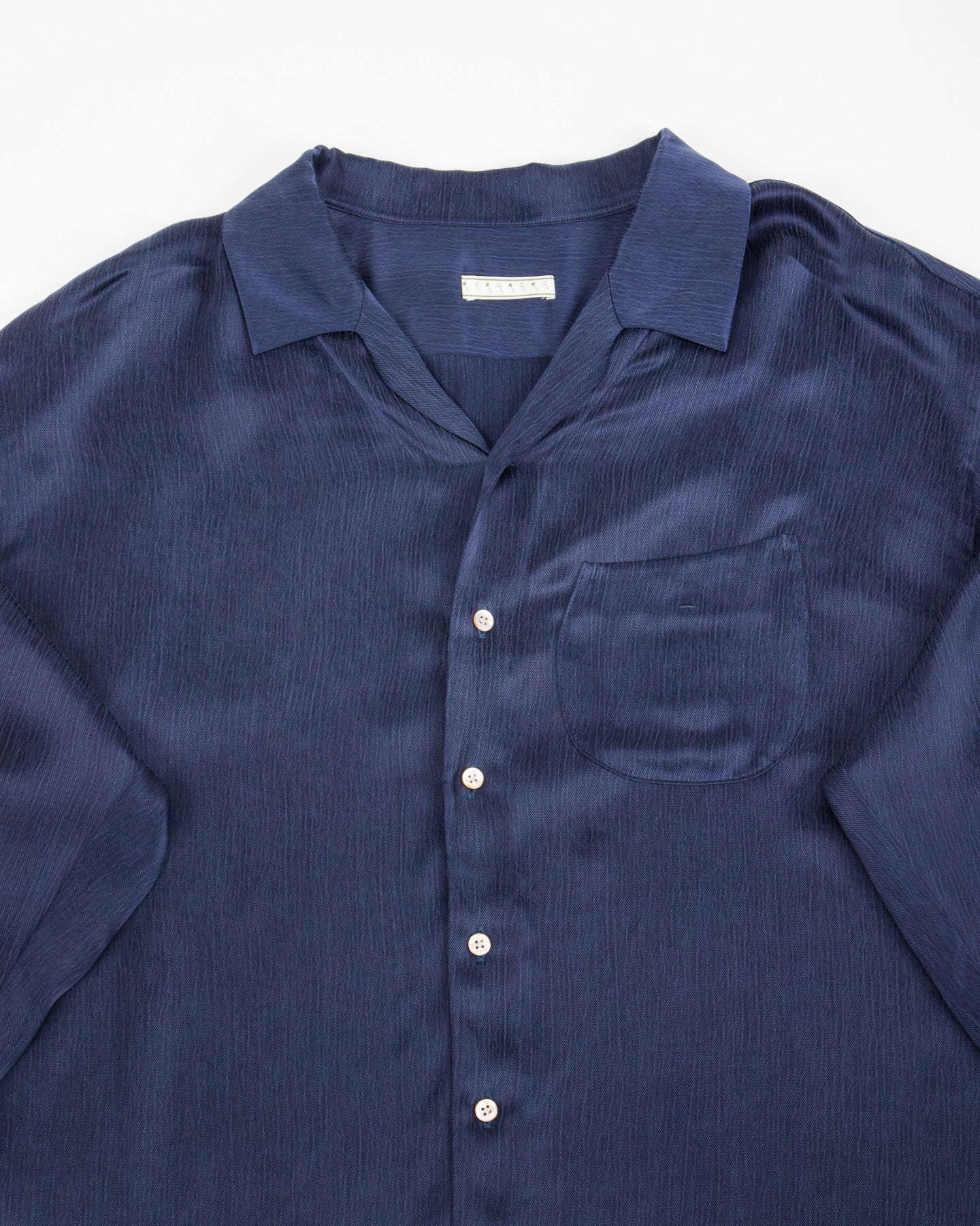 Wide Silhouette Open Collar Shirt - Navy Satin Crinkle Cupra