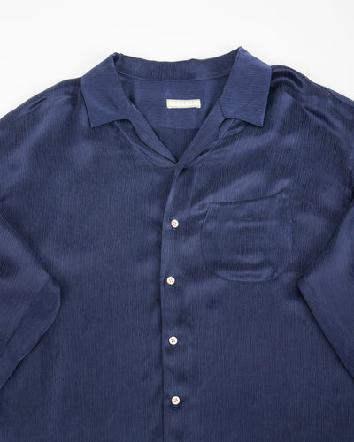 Gorsch Wide Silhouette Open Collar Shirt - Navy Satin Crinkle Cupra - Standard & Strange