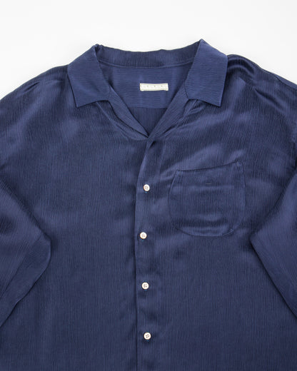 Gorsch Wide Silhouette Open Collar Shirt - Navy Satin Crinkle Cupra - Standard & Strange