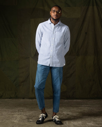 Indi + Ash Matty L/S Shirt - Handwoven Oxford Block Stripe Indigo Bengal - Standard & Strange