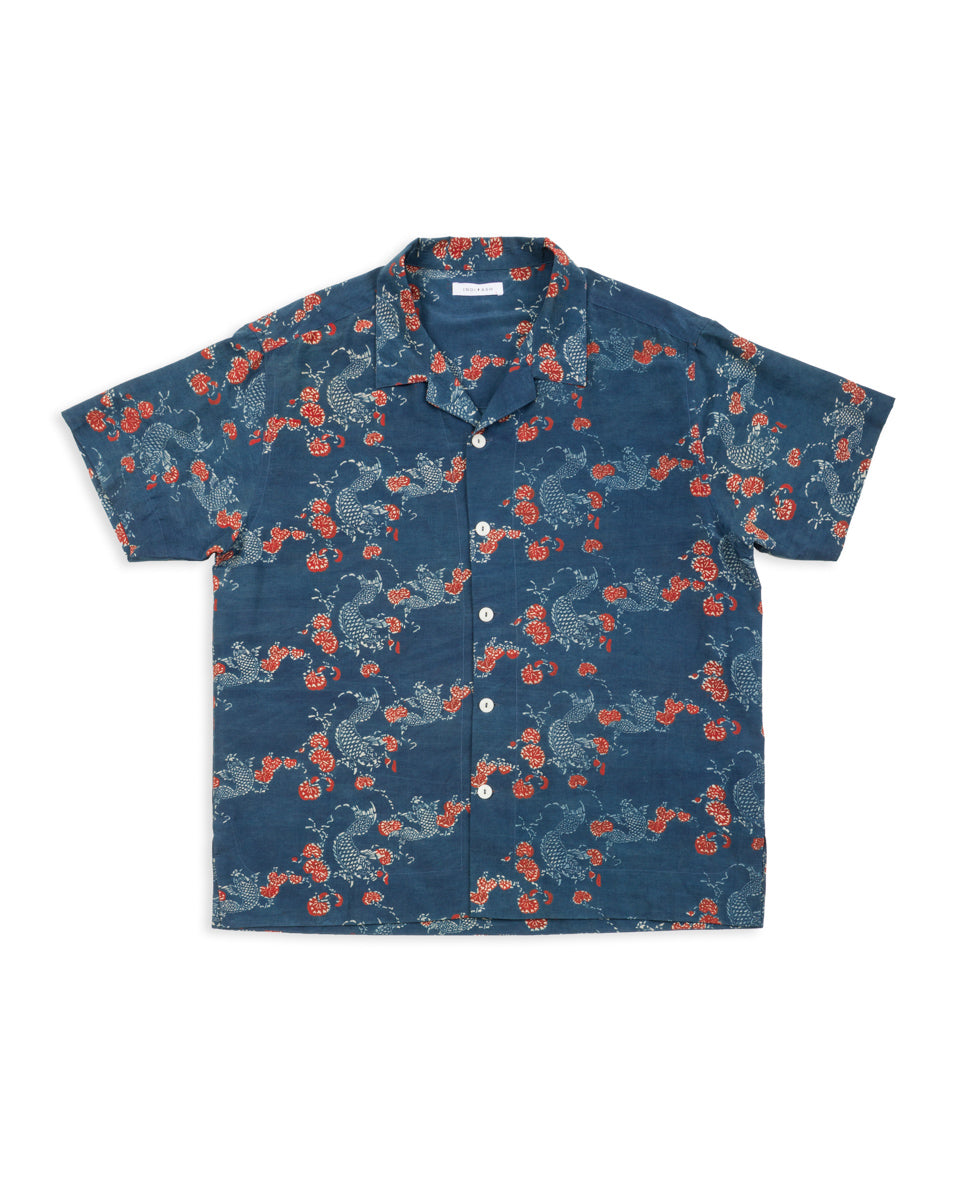 Indi + Ash Lake Camp Shirt - Silk/Cotton Indigo/Madder Roving Koi Print - Standard & Strange