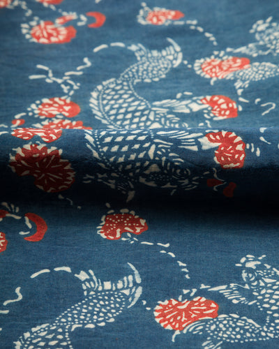 Indi + Ash Lake Camp Shirt - Silk/Cotton Indigo/Madder Roving Koi Print - Standard & Strange