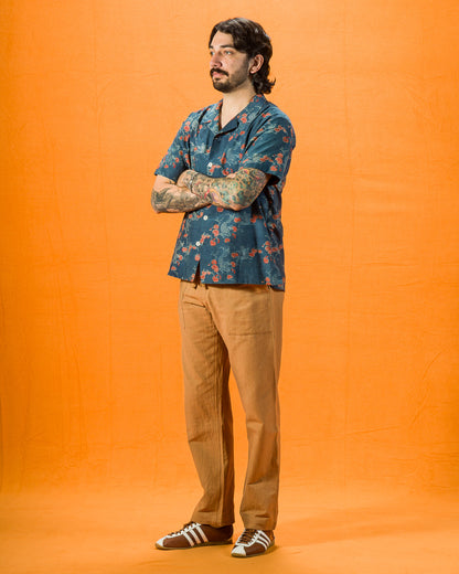 Indi + Ash Lake Camp Shirt - Silk/Cotton Indigo/Madder Roving Koi Print - Standard & Strange