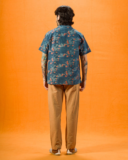 Indi + Ash Lake Camp Shirt - Silk/Cotton Indigo/Madder Roving Koi Print - Standard & Strange