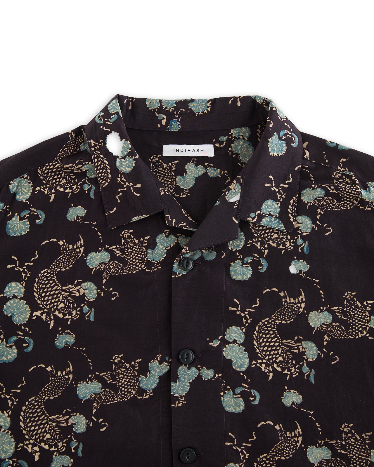 Indi + Ash Lake Camp Shirt - Silk/Cotton Iron Black Roving Koi Print - Standard & Strange