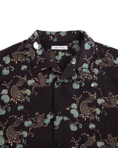 Indi + Ash Lake Camp Shirt - Silk/Cotton Iron Black Roving Koi Print - Standard & Strange