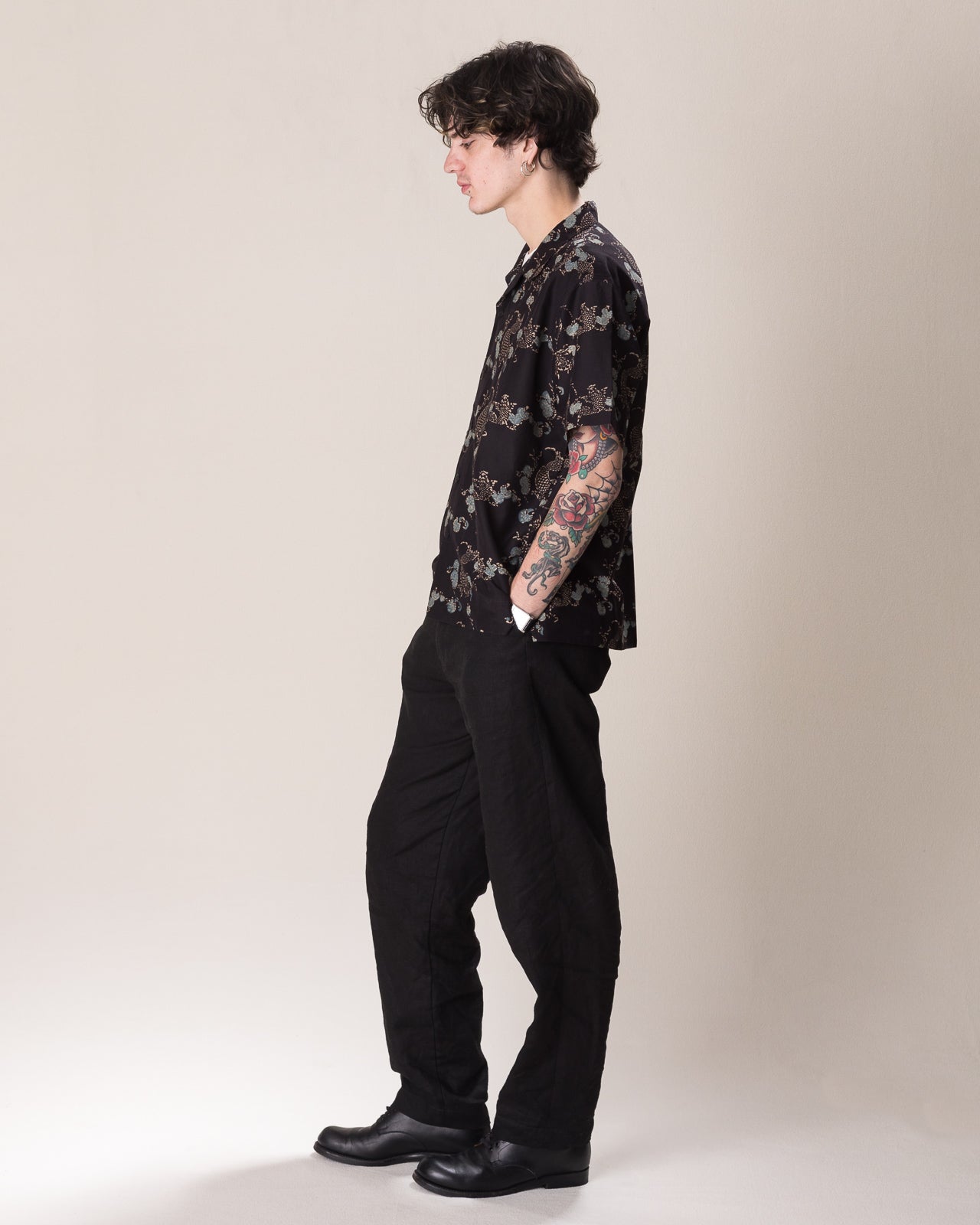 Indi + Ash Lake Camp Shirt - Silk/Cotton Iron Black Roving Koi Print - Standard & Strange