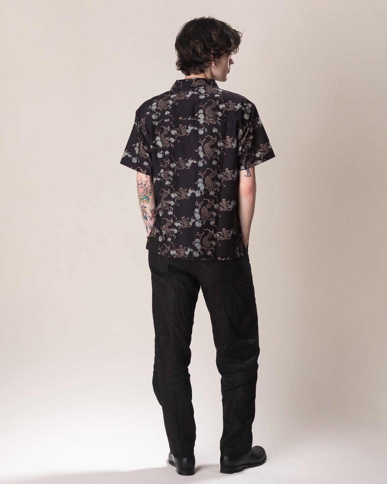 Indi + Ash Lake Camp Shirt - Silk/Cotton Iron Black Roving Koi Print - Standard & Strange