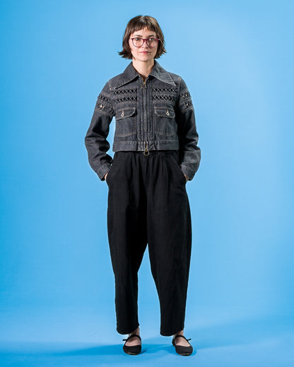 Kapital 11.5oz BLKxECR Denim GYPSY Cropped Drizzler JKT - Black x Ecru 1 - Standard & Strange