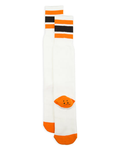 Kapital 144 Yarns HAPPY HEEL Embroidered SKATERS Knee-High Socks - White x Orange - Standard & Strange