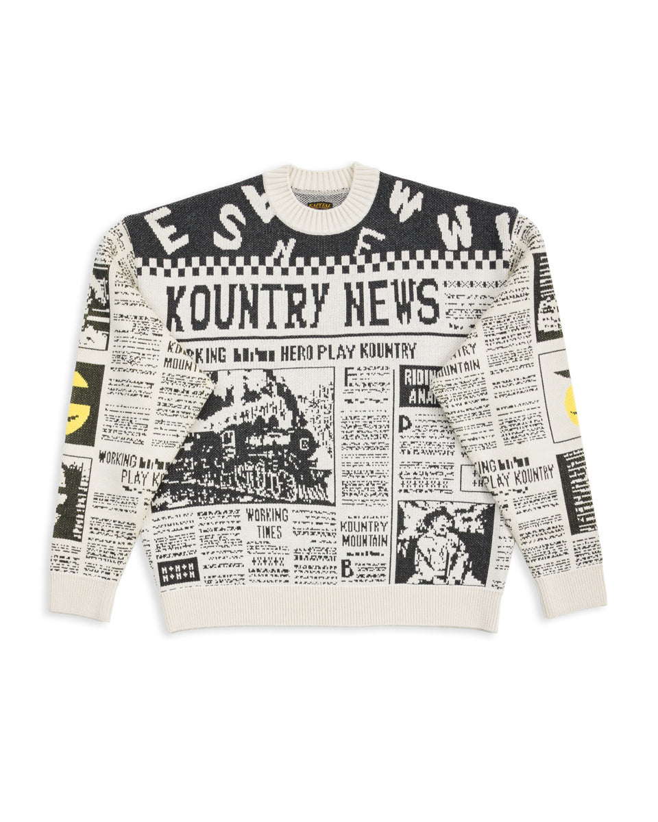 Kapital 8G Knit NEWSPAPER Crew Sweater(KOUNTRY NEWS) - Ecru - Standard & Strange