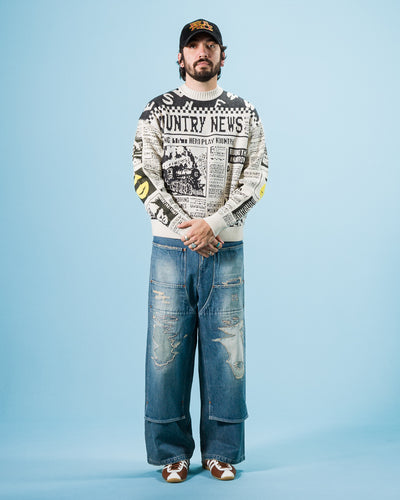 Kapital 8G Knit NEWSPAPER Crew Sweater(KOUNTRY NEWS) - Ecru - Standard & Strange