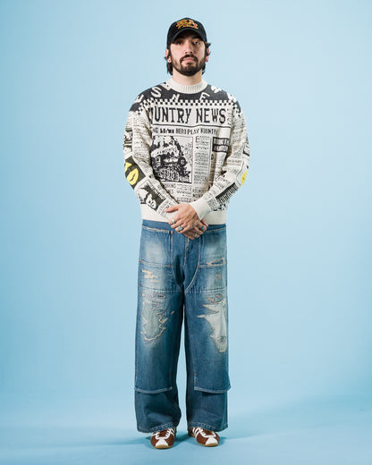 Kapital 8G Knit NEWSPAPER Crew Sweater(KOUNTRY NEWS) - Ecru - Standard & Strange