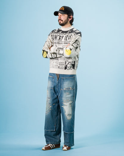 Kapital 8G Knit NEWSPAPER Crew Sweater(KOUNTRY NEWS) - Ecru - Standard & Strange