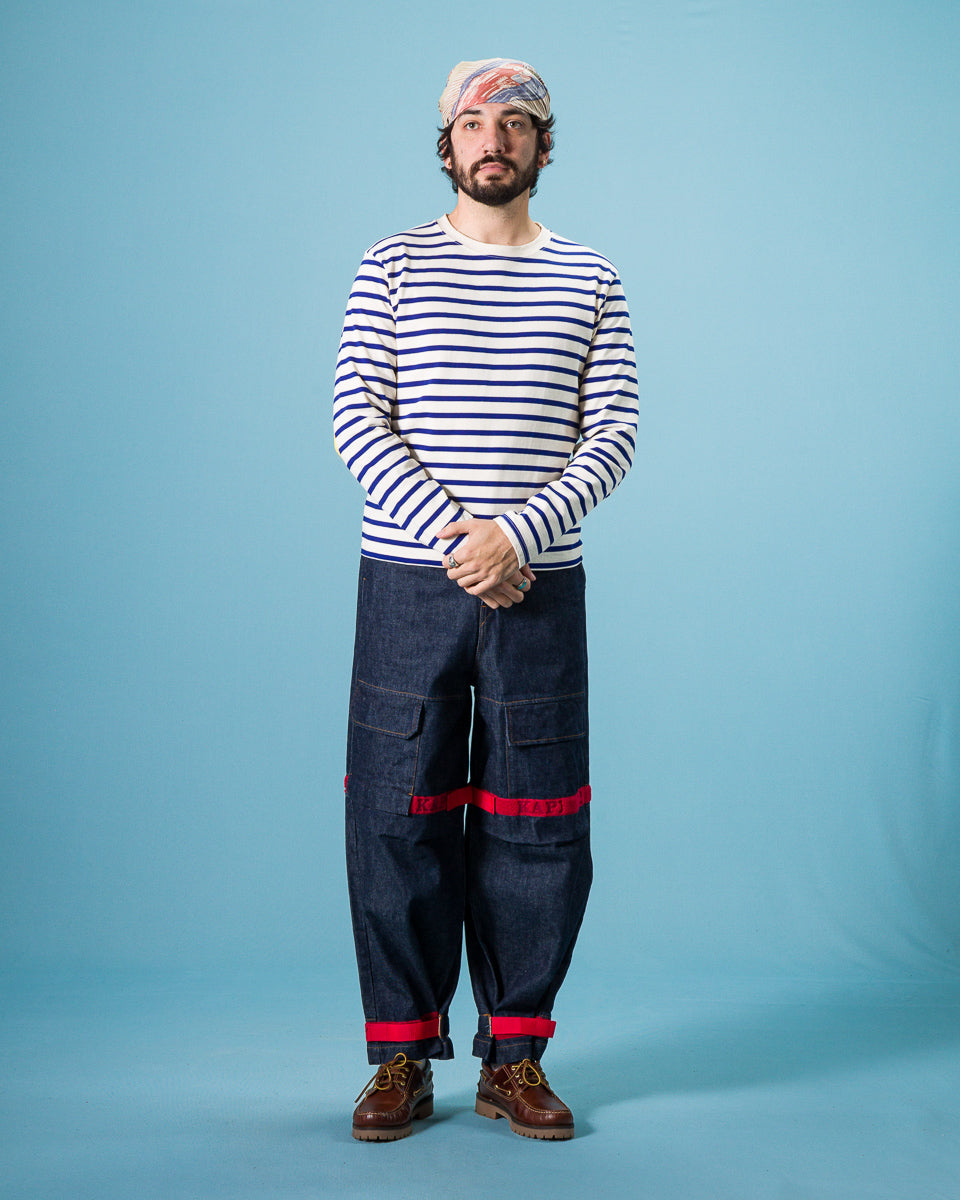 Kapital Stripe Jersey Crew Long Sleeve T (PROFILE RAINBOWY Patch) - Ecru x Blue - Standard & Strange