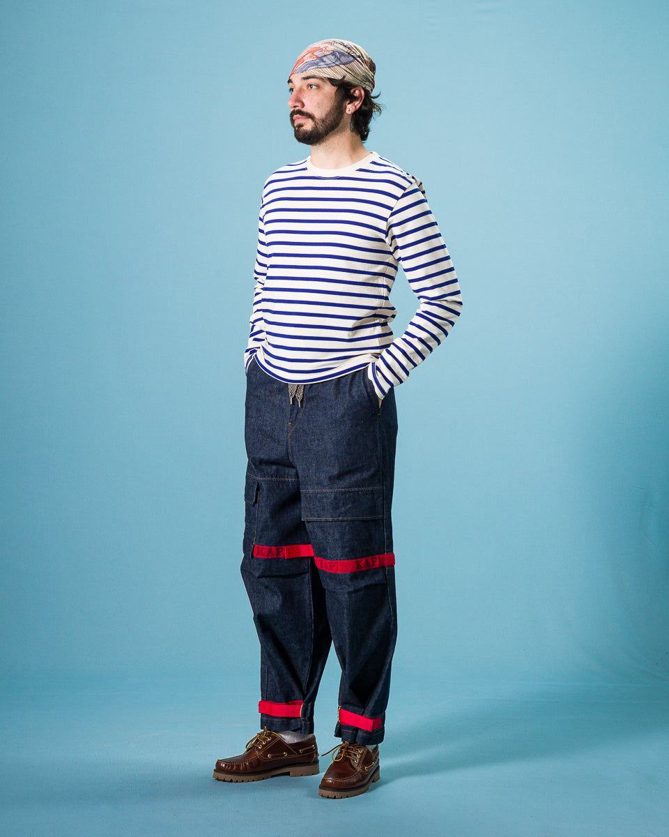 Kapital Stripe Jersey Crew Long Sleeve T (PROFILE RAINBOWY Patch) - Ecru x Blue - Standard & Strange
