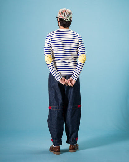 Kapital Stripe Jersey Crew Long Sleeve T (PROFILE RAINBOWY Patch) - Ecru x Blue - Standard & Strange