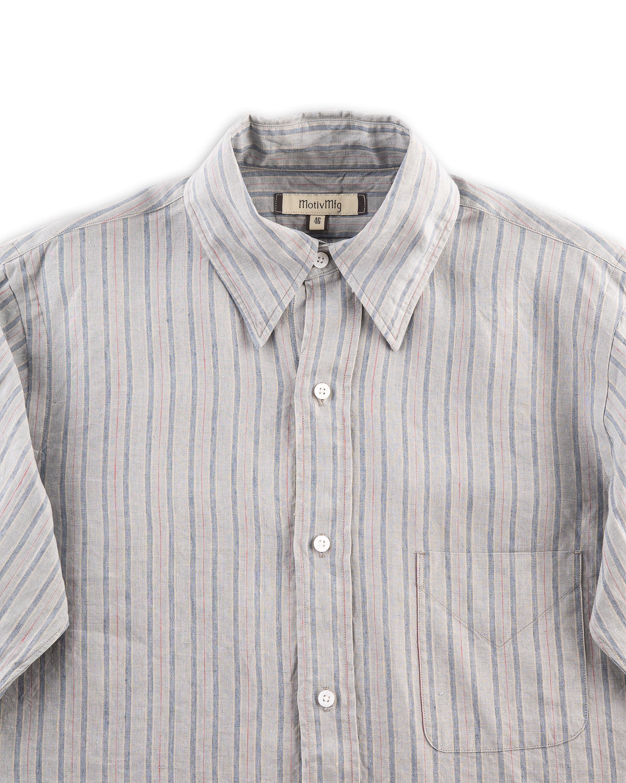 MotivMfg Authentic Fit BD Shirt - Aqua Buff Scarlet Stripe Superfine Linen Broadcloth - Standard & Strange