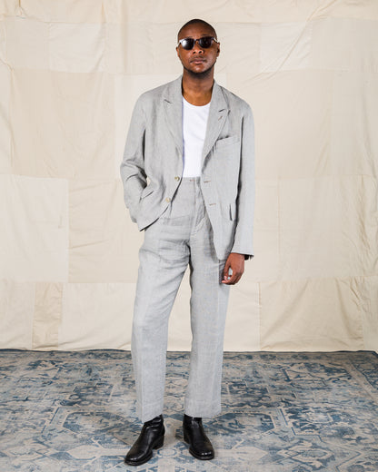 MotivMfg Peak Lapel Sack Jacket - Light Grey Stripe High Twist Linen Serge - Standard & Strange