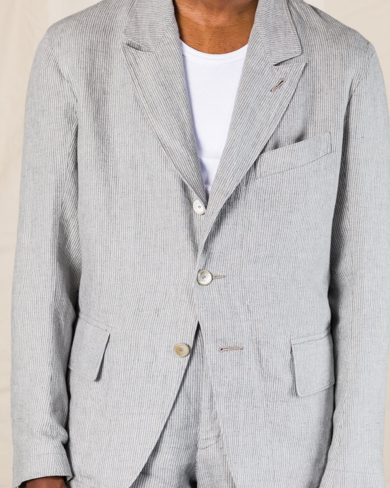 MotivMfg Peak Lapel Sack Jacket - Light Grey Stripe High Twist Linen Serge - Standard & Strange