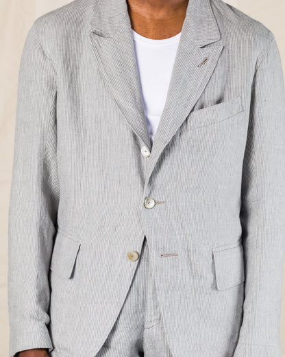 MotivMfg Peak Lapel Sack Jacket - Light Grey Stripe High Twist Linen Serge - Standard & Strange