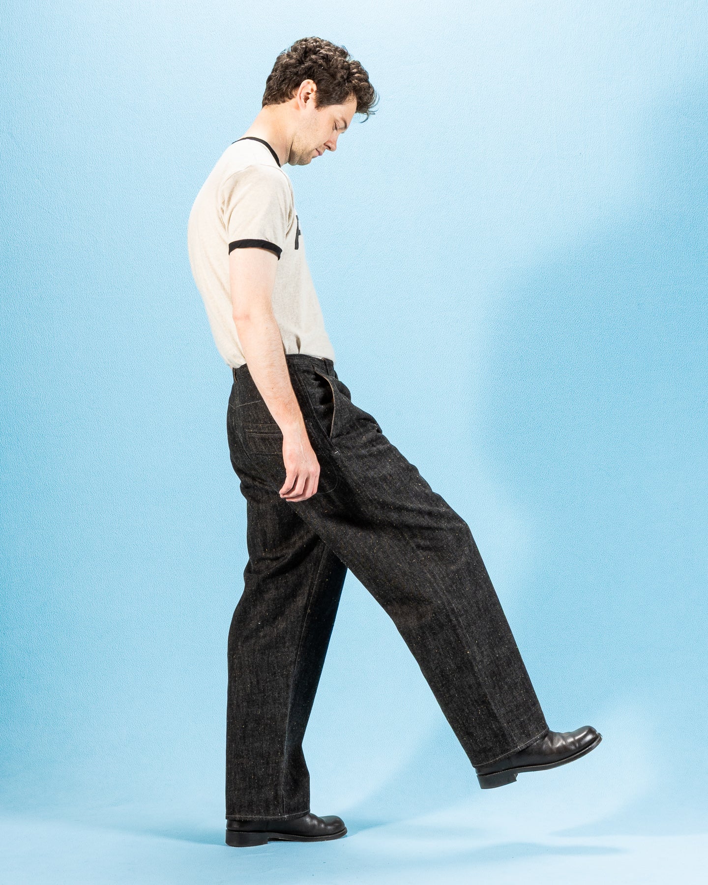 MotivMfg Pleat Denim Trousers - Char Brown Donegal Denim - Standard & Strange