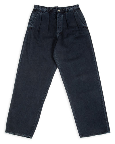MotivMfg Pleat Denim Trousers - Char Navy Overdyed Linen Denim - Standard & Strange
