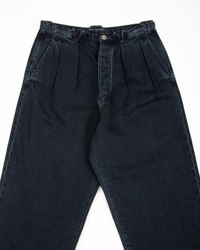 MotivMfg Pleat Denim Trousers - Char Navy Overdyed Linen Denim - Standard & Strange