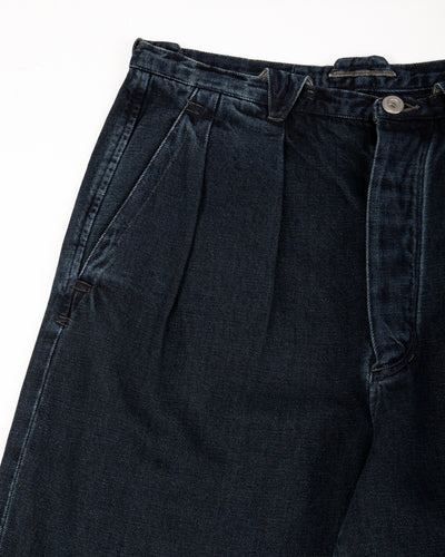 MotivMfg Pleat Denim Trousers - Char Navy Overdyed Linen Denim - Standard & Strange