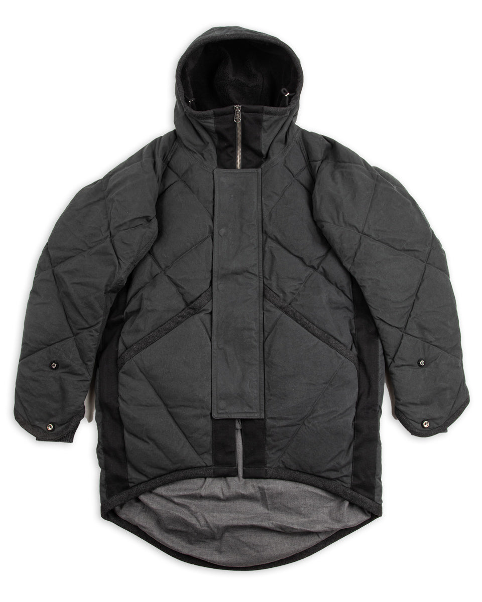 MotivMfg Lander Down Coat - Charcoal Halley Stevenson "Military Finish" Waxed Cotton - Standard & Strange