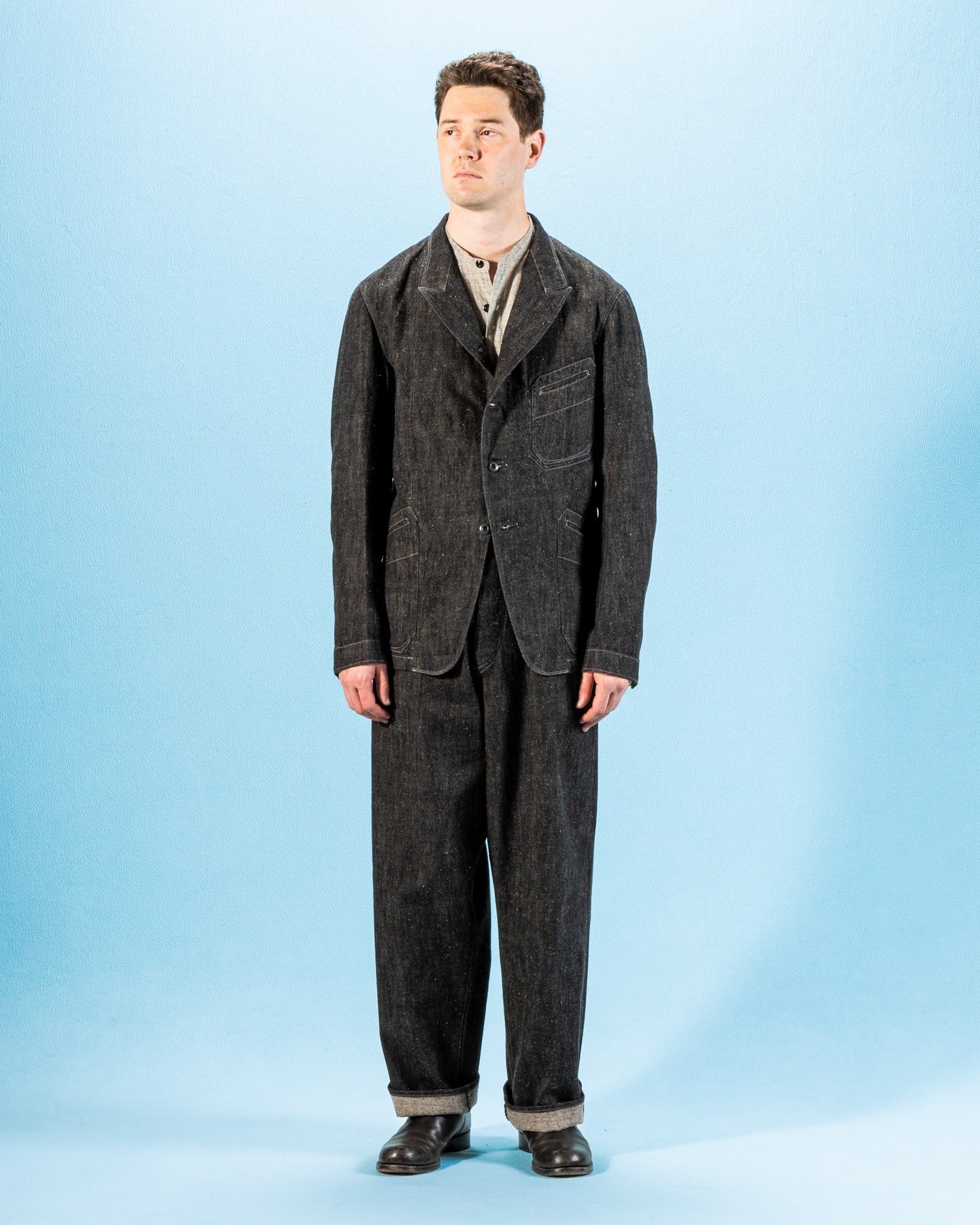 MotivMfg Peak Lapel Lounge Jacket - Char Brown Donegal Denim - Standard & Strange
