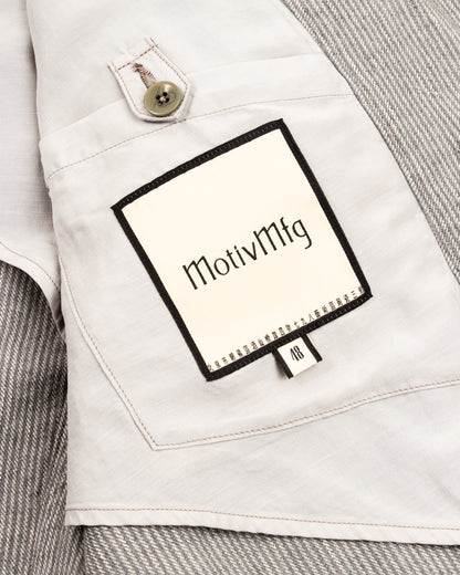 MotivMfg Peak Lapel Sack Jacket - Light Grey Stripe High Twist Linen Serge - Standard & Strange